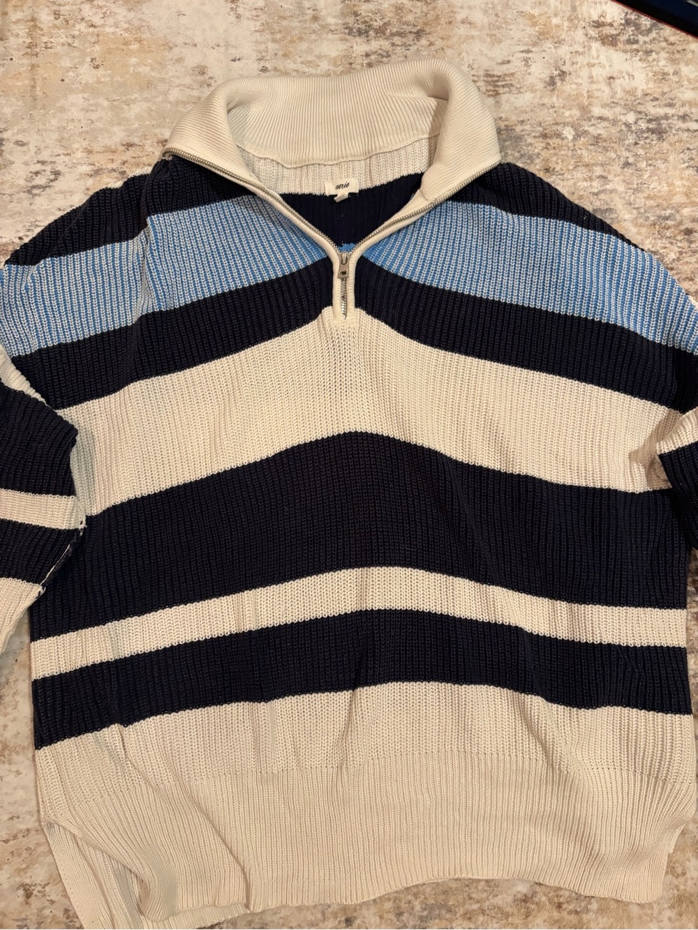 aerie Men's Striped Half-Zip Sweater - Navy, Cream & Light Blue
